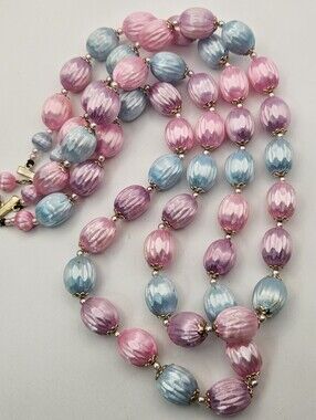 Vintage Japan 2 Strand Fluted Melon Bead Necklace Pastel Pink Aqua Blue